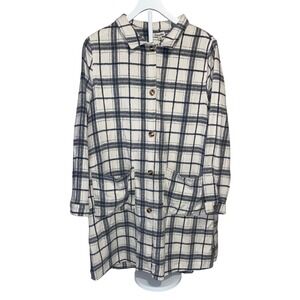 Camellia Plaid Button Down Shacket Women 1X Cream Navy Grid Shirt Jacket